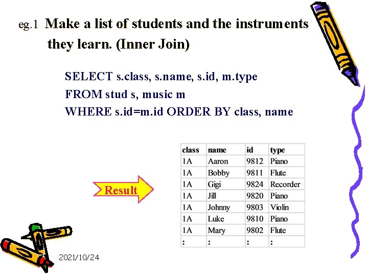 eg. 1 Make a list of students and the instruments they learn. (Inner Join)