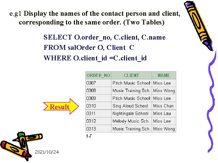 e. g 1 Display the names of the contact person and client, corresponding to