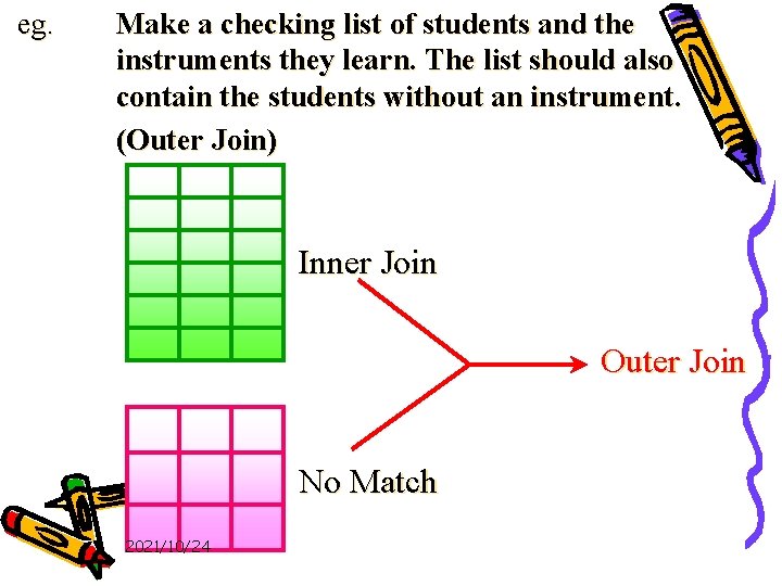 eg. Make a checking list of students and the instruments they learn. The list