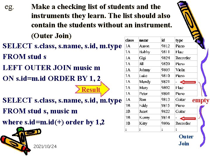 eg. Make a checking list of students and the instruments they learn. The list