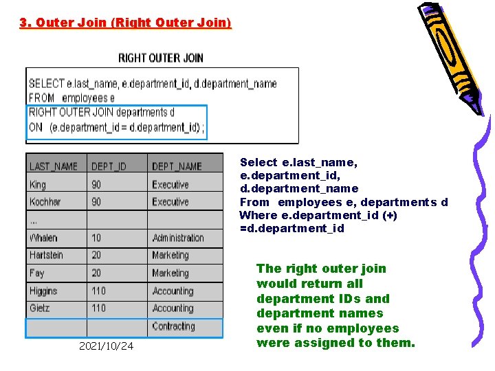 3. Outer Join (Right Outer Join) Select e. last_name, e. department_id, d. department_name From