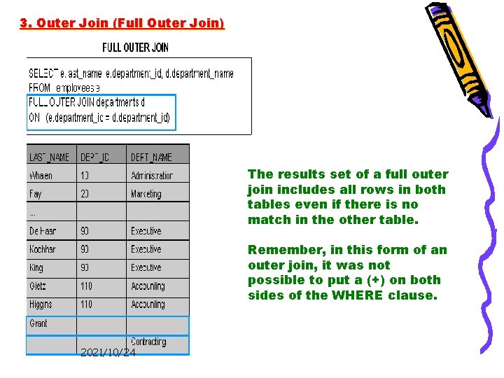 3. Outer Join (Full Outer Join) The results set of a full outer join