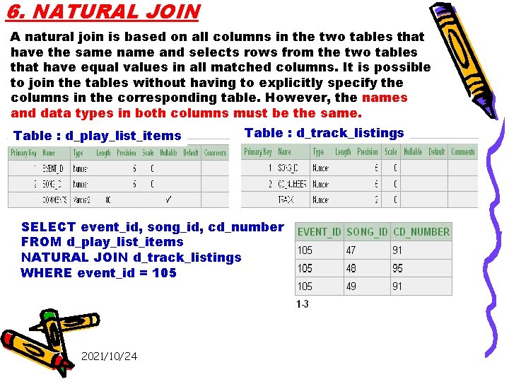 6. NATURAL JOIN A natural join is based on all columns in the two