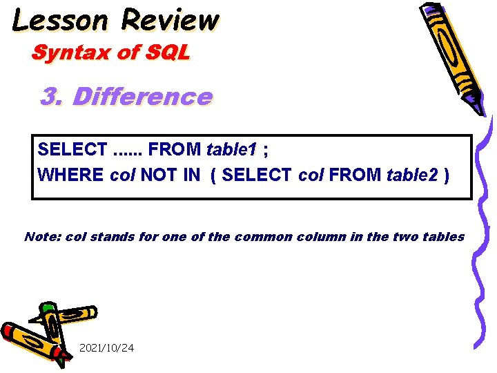 Lesson Review Syntax of SQL 3. Difference SELECT. . . FROM table 1 ;