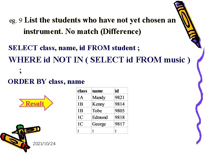 eg. 9 List the students who have not yet chosen an instrument. No match