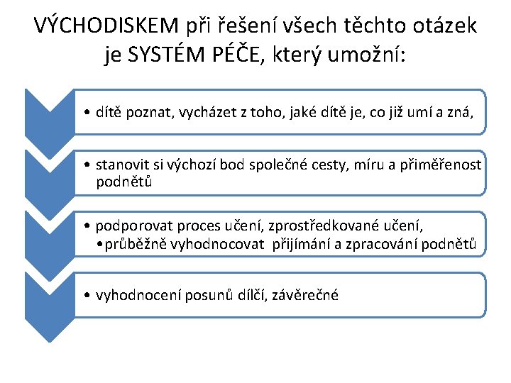 VÝCHODISKEM při řešení všech těchto otázek je SYSTÉM PÉČE, který umožní: • dítě poznat,