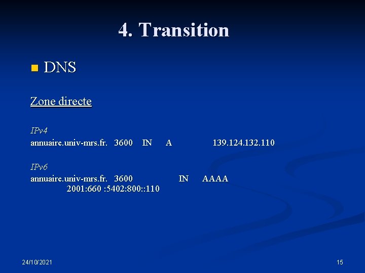 4. Transition n DNS Zone directe IPv 4 annuaire. univ-mrs. fr. 3600 IN IPv