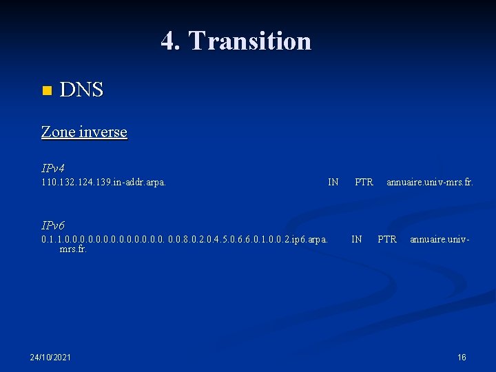 4. Transition n DNS Zone inverse IPv 4 110. 132. 124. 139. in-addr. arpa.