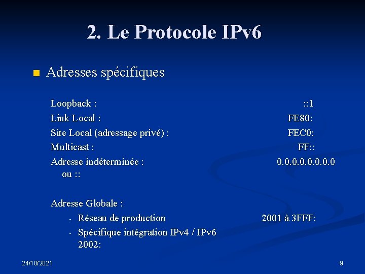 2. Le Protocole IPv 6 n Adresses spécifiques Loopback : Link Local : Site