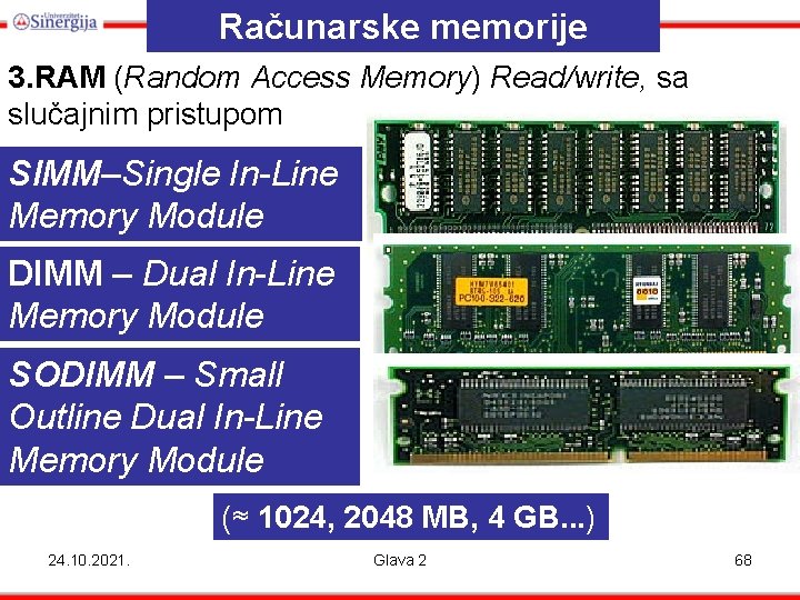 Računarske memorije 3. RAM (Random Access Memory) Read/write, sa slučajnim pristupom SIMM–Single In-Line Memory