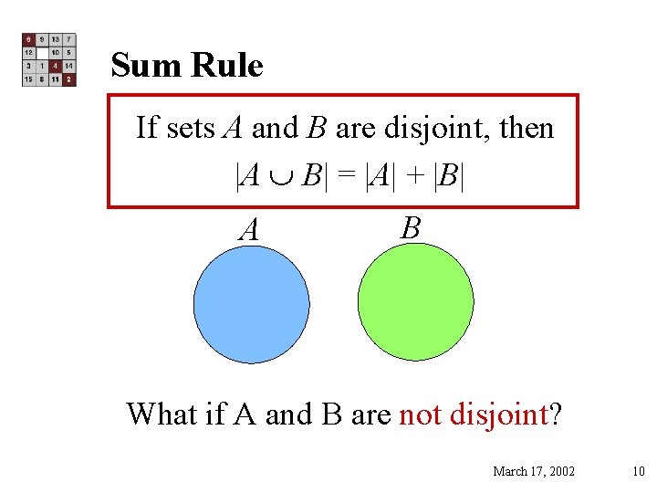 Sum Rule If sets A and B are disjoint, then |A B| = |A|