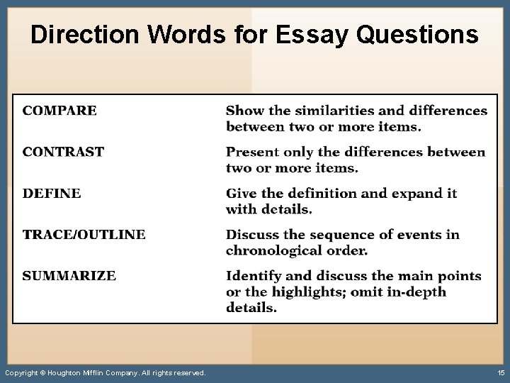 Direction Words for Essay Questions Copyright © Houghton Mifflin Company. All rights reserved. 15