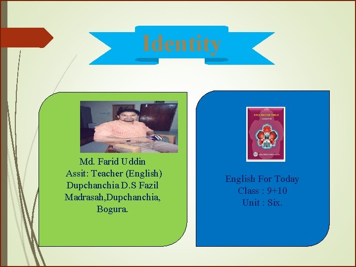 Identity Md. Farid Uddin Assit: Teacher (English) Dupchanchia D. S Fazil Madrasah, Dupchanchia, Bogura.