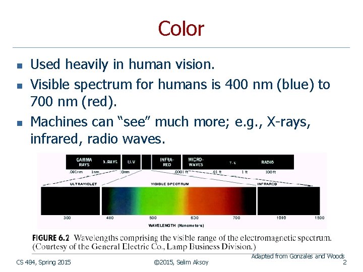 Color n n n Used heavily in human vision. Visible spectrum for humans is