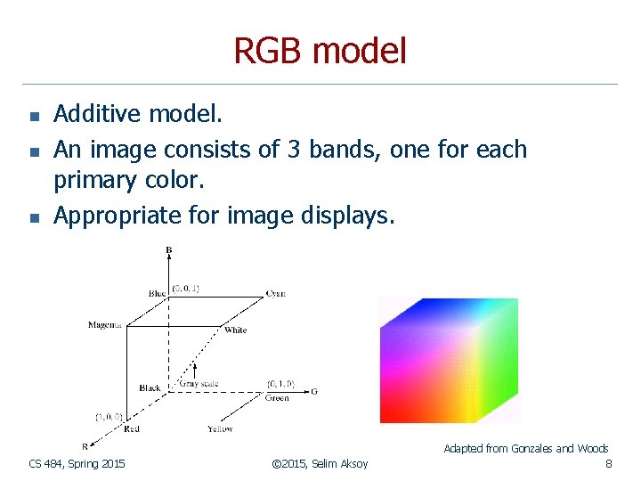 RGB model n n n Additive model. An image consists of 3 bands, one