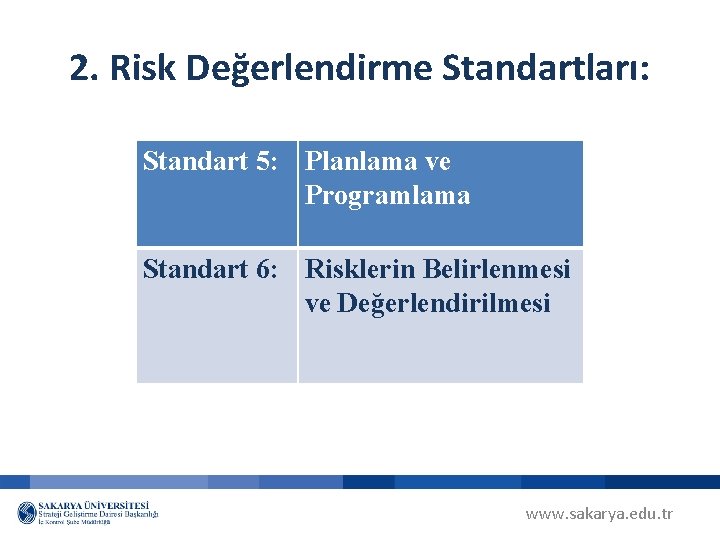 2. Risk Değerlendirme Standartları: Standart 5: Planlama ve Programlama Standart 6: Risklerin Belirlenmesi ve