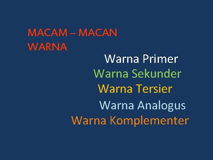 MACAM – MACAN WARNA Warna Primer Warna Sekunder Warna Tersier Warna Analogus Warna Komplementer MACAM – MACAN WARNA Warna Primer Warna Sekunder Warna Tersier Warna Analogus Warna Komplementer