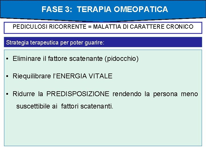 FASE 3: TERAPIA OMEOPATICA PEDICULOSI RICORRENTE = MALATTIA DI CARATTERE CRONICO Strategia terapeutica per