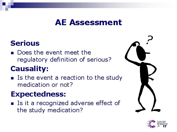 AE Assessment Serious n Does the event meet the regulatory definition of serious? Causality: