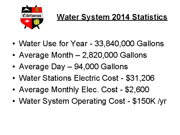 Water System 2014 Statistics • • • Water Use for Year - 33, 840,