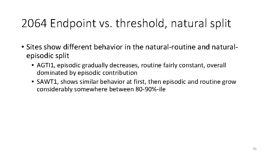 2064 Endpoint vs. threshold, natural split • Sites show different behavior in the natural-routine