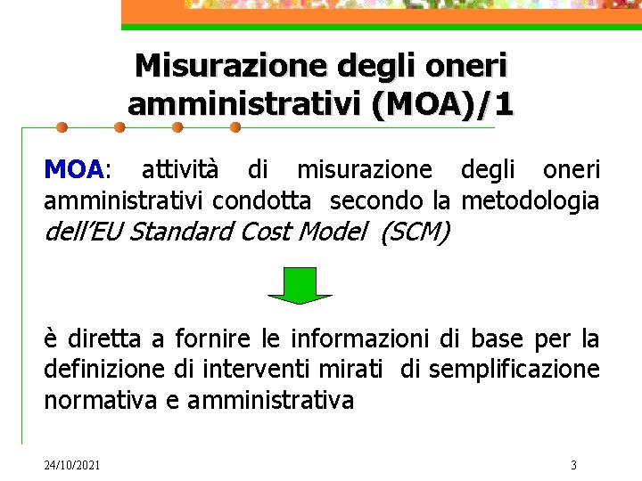 Misurazione degli oneri amministrativi (MOA)/1 MOA: attività di misurazione degli oneri amministrativi condotta secondo