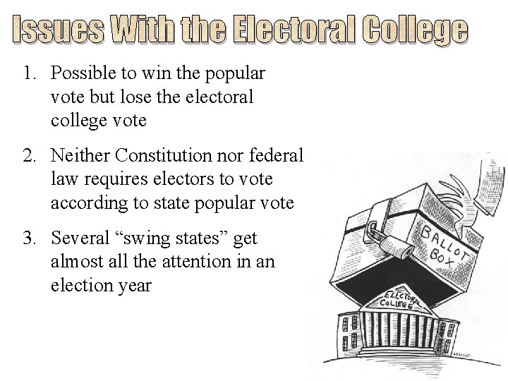 Issues With the Electoral College 1. Possible to win the popular vote but lose