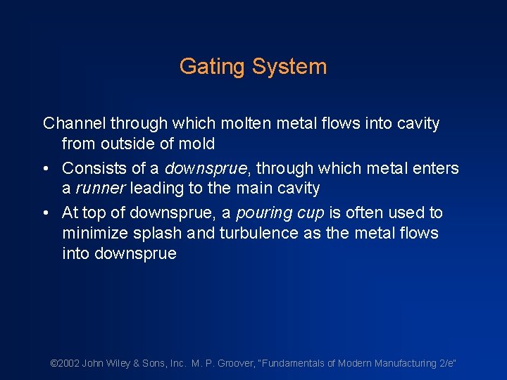 Gating System Channel through which molten metal flows into cavity from outside of mold