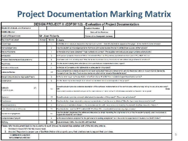 Project Documentation Marking Matrix 5 