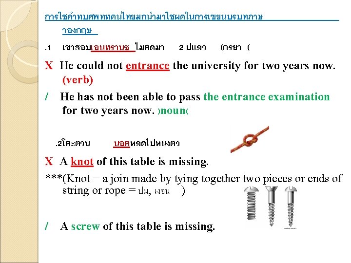 การใชคำทบศพททคนไทยมกนำมาใชผดในการเขยนบรบทภาษ าองกฤษ. 1 เขาสอบเอนทรานซ ไมตดมา 2 ปแลว (กรยา ( X He could not entrance