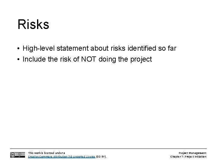 Risks • High-level statement about risks identified so far • Include the risk of