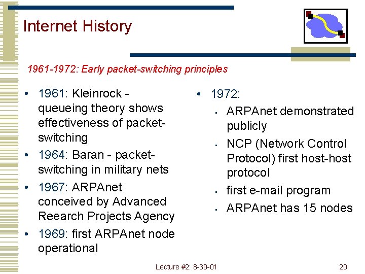 Internet History 1961 -1972: Early packet-switching principles • 1961: Kleinrock queueing theory shows effectiveness