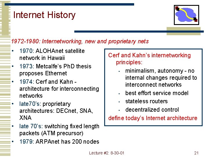 Internet History 1972 -1980: Internetworking, new and proprietary nets • 1970: ALOHAnet satellite network