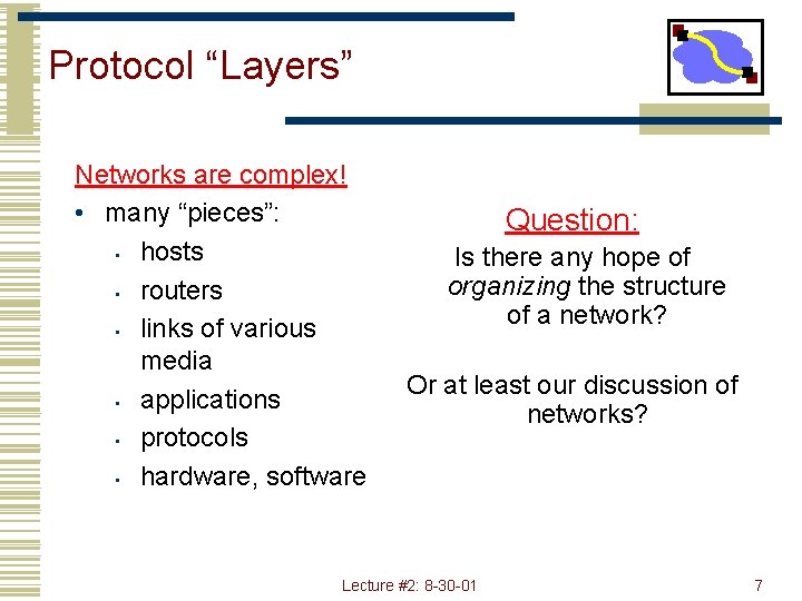 Protocol “Layers” Networks are complex! • many “pieces”: • hosts • routers • links