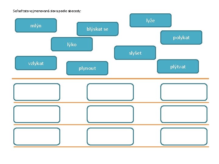 Seřaď tato vyjmenovaná slova podle abecedy: lyže mlýn blýskat se polykat lýko slyšet vzlykat