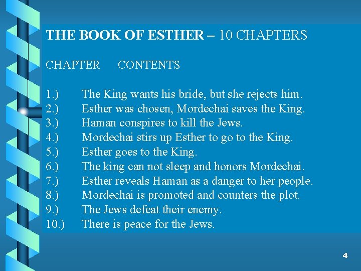 THE BOOK OF ESTHER – 10 CHAPTERS CHAPTER 1. ) 2. ) 3. )