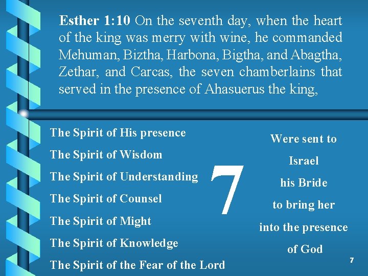 Esther 1: 10 On the seventh day, when the heart of the king was