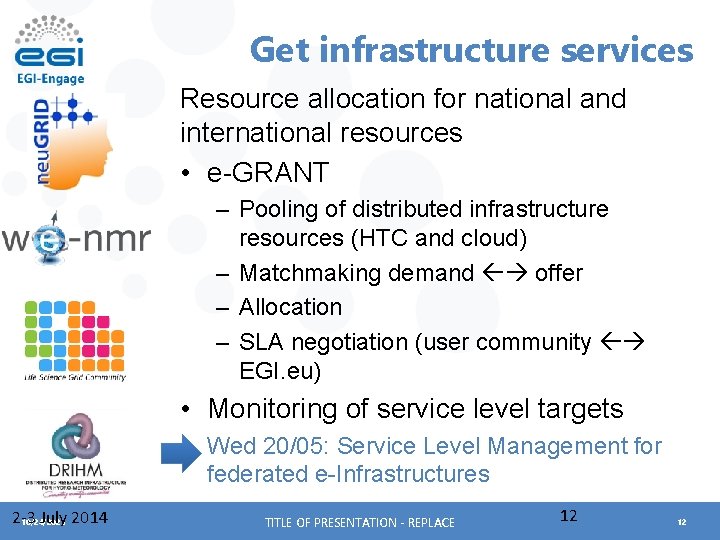 Get infrastructure services Resource allocation for national and international resources • e-GRANT – Pooling