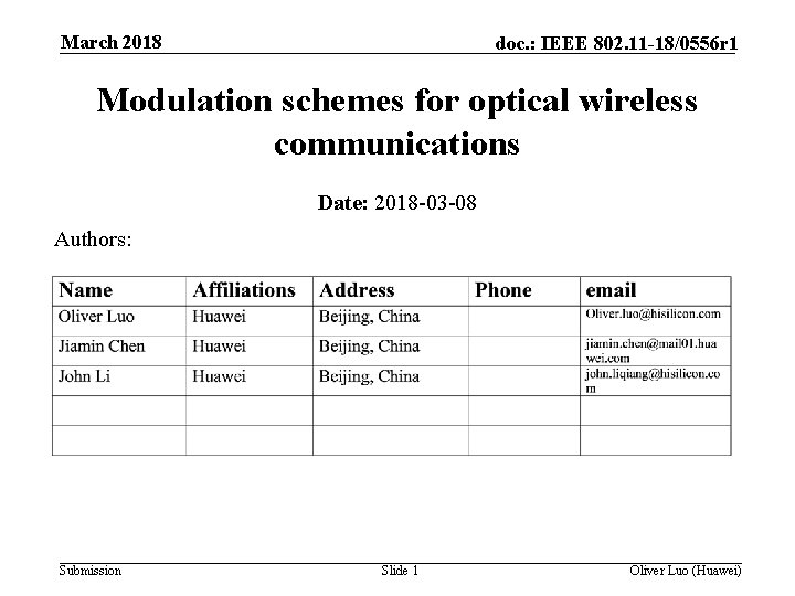 March 2018 doc. : IEEE 802. 11 -18/0556 r 1 Modulation schemes for optical