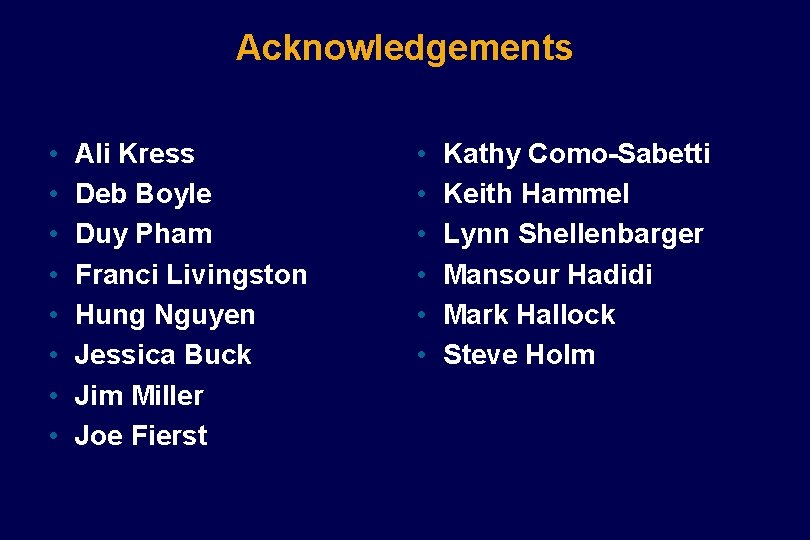 Acknowledgements • • Ali Kress Deb Boyle Duy Pham Franci Livingston Hung Nguyen Jessica Acknowledgements • • Ali Kress Deb Boyle Duy Pham Franci Livingston Hung Nguyen Jessica