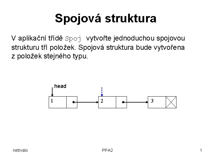 Spojová struktura V aplikační třídě Spoj vytvořte jednoduchou spojovou strukturu tří položek. Spojová struktura