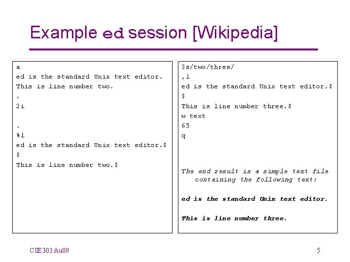 Example ed session [Wikipedia] a ed is the standard Unix text editor. This is