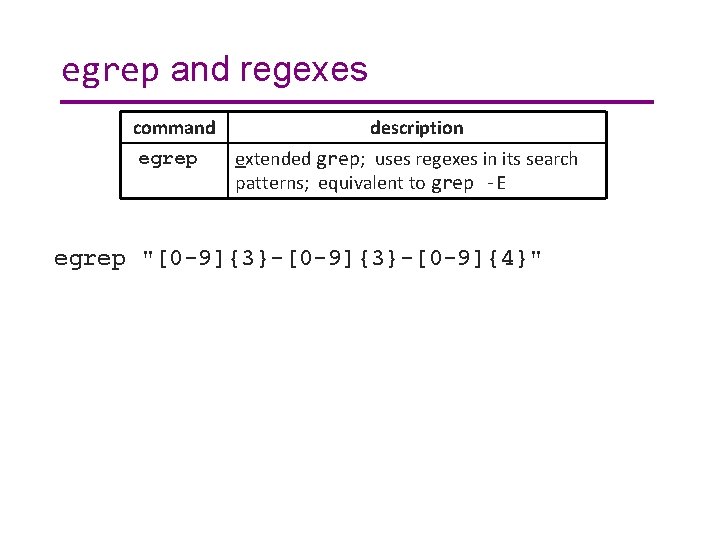 egrep and regexes command egrep description extended grep; uses regexes in its search patterns;