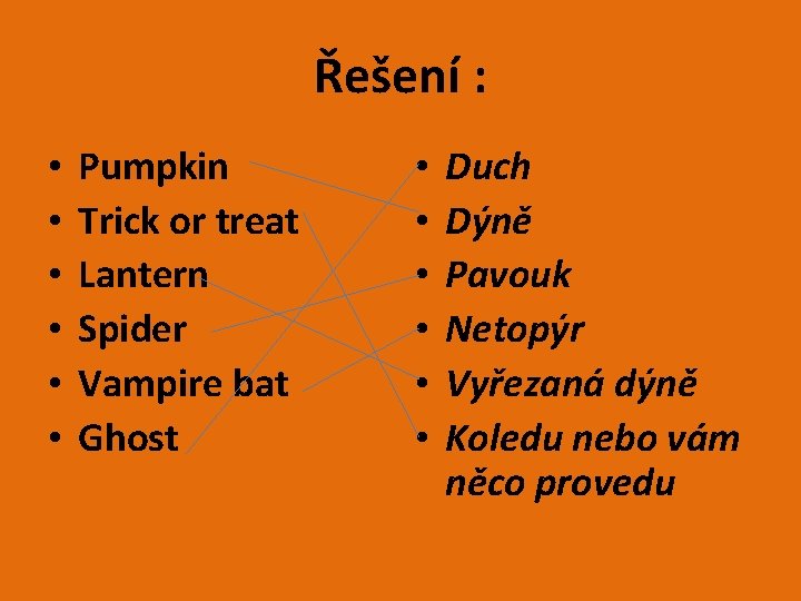 Řešení : • • • Pumpkin Trick or treat Lantern Spider Vampire bat Ghost