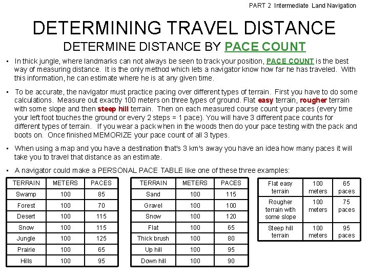 PART 2 Intermediate Land Navigation DETERMINING TRAVEL DISTANCE DETERMINE DISTANCE BY PACE COUNT •