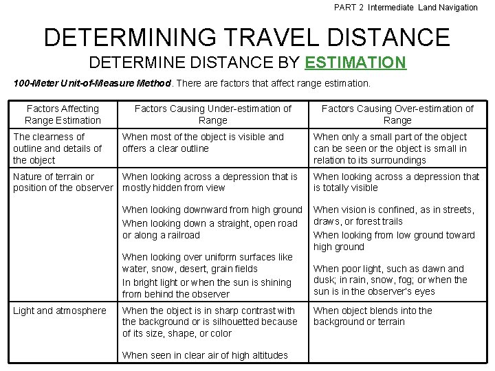 PART 2 Intermediate Land Navigation DETERMINING TRAVEL DISTANCE DETERMINE DISTANCE BY ESTIMATION 100 -Meter