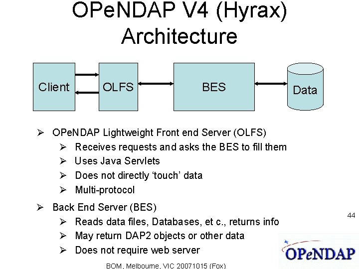 OPe. NDAP V 4 (Hyrax) Architecture Client OLFS BES Data OPe. NDAP Lightweight Front