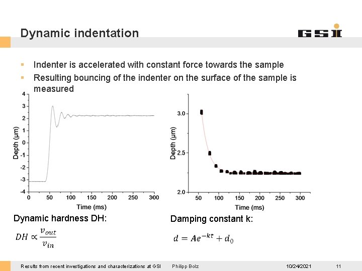 Dynamic indentation § § Indenter is accelerated with constant force towards the sample Resulting