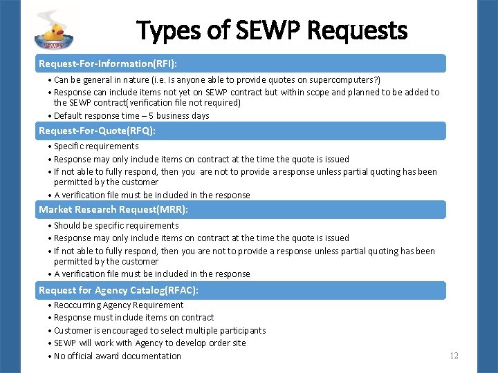 Types of SEWP Requests Request-For-Information(RFI): • Can be general in nature (i. e. Is