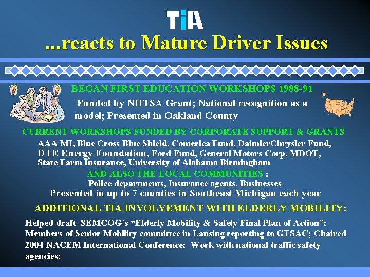 …reacts to Mature Driver Issues BEGAN FIRST EDUCATION WORKSHOPS 1988 -91 Funded by NHTSA